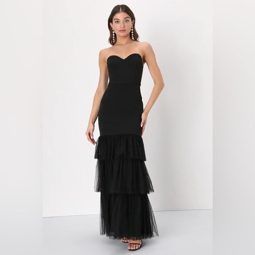 Lulus Dramatic Fanatic Black Strapless Tulle Trumpet Maxi Dress NWOT Medium